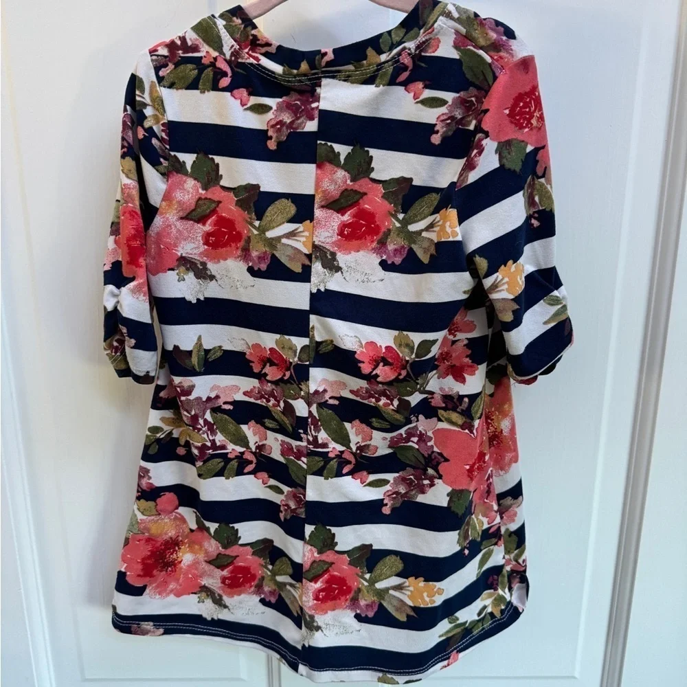 Moon & Stars 2T/3T Blue & White Stripe Multicolor Floral Girls Long Sleeve Dress